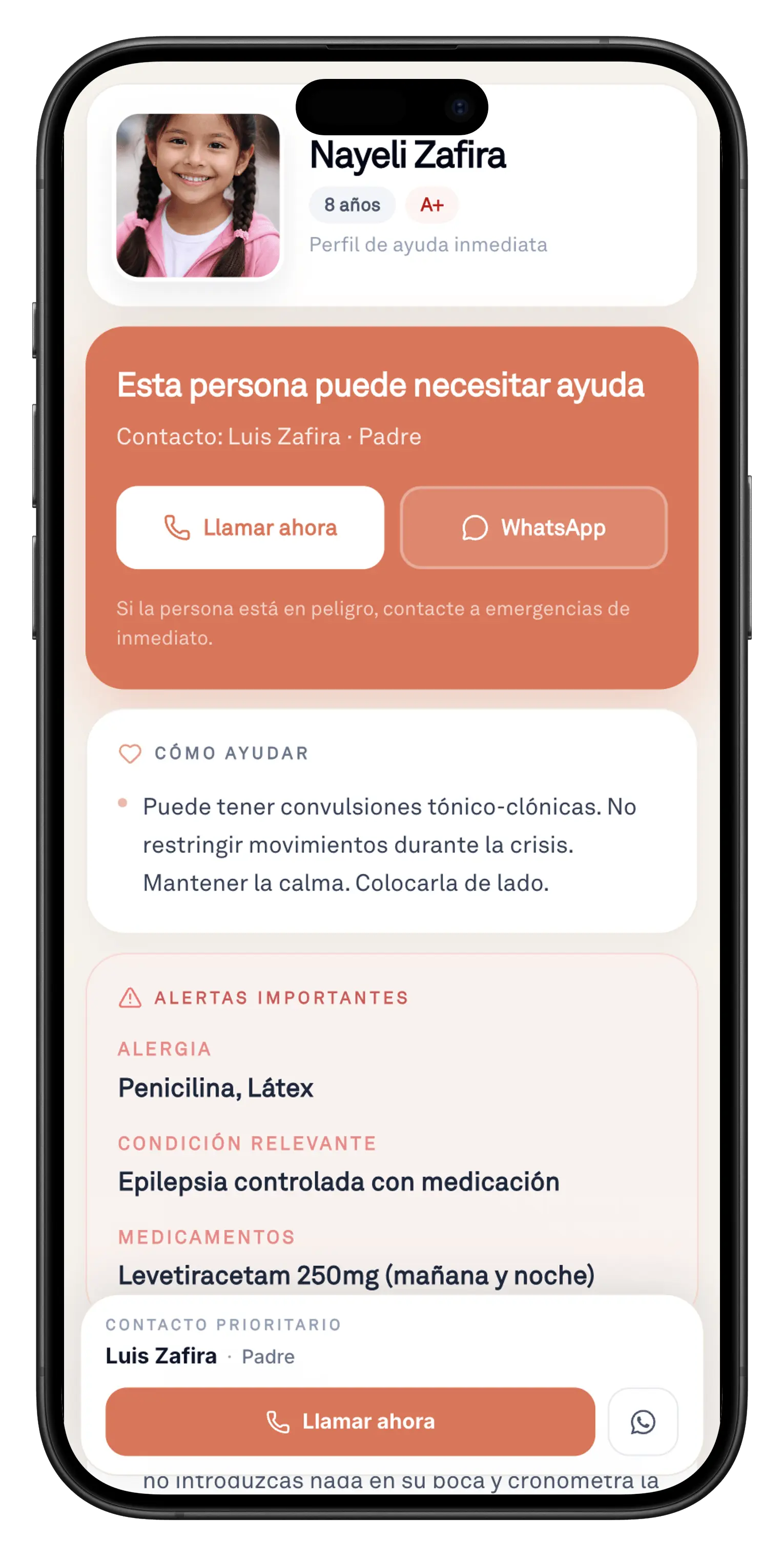 Vista del perfil de emergencia de LuaSOS en un celular